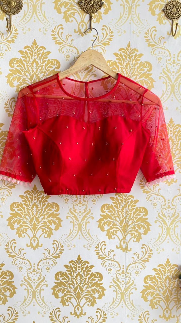 Deep red netted hand embroidery worked blouse - Threads