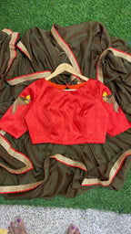 Red silk hand worked ready made blouse - Threads
