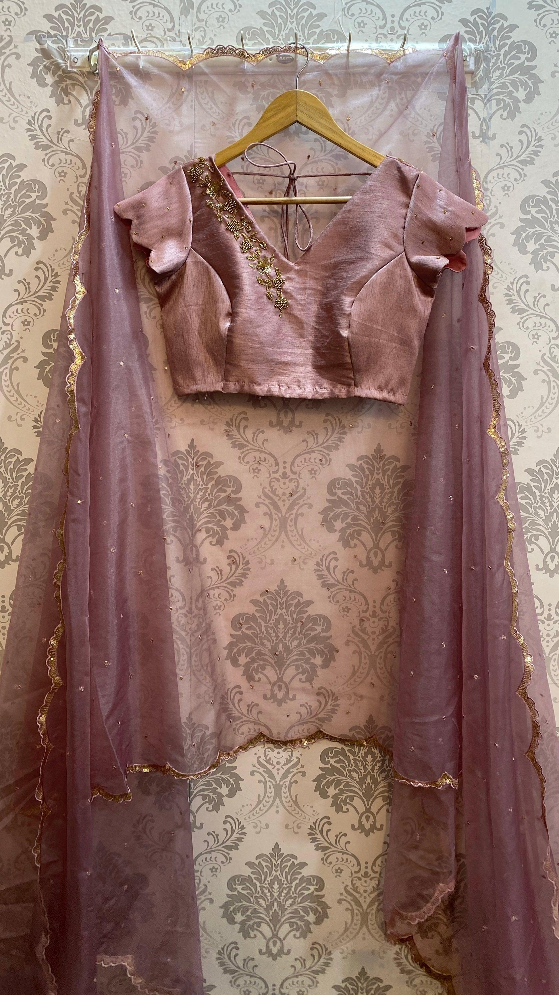 Onion pink silk heavy V shaped hand worked blouse - Threads