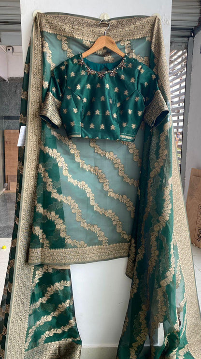 Green Beautiful organza zari saree with embroidery hand worked blouse - Threads
