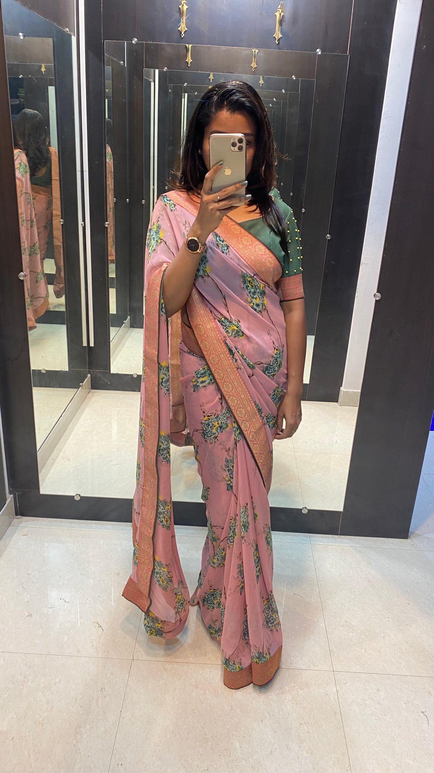 Onion pink floral saree with green blouse - Threads