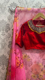 Red velvet blouse with heavy handmade jewel neck - Threads