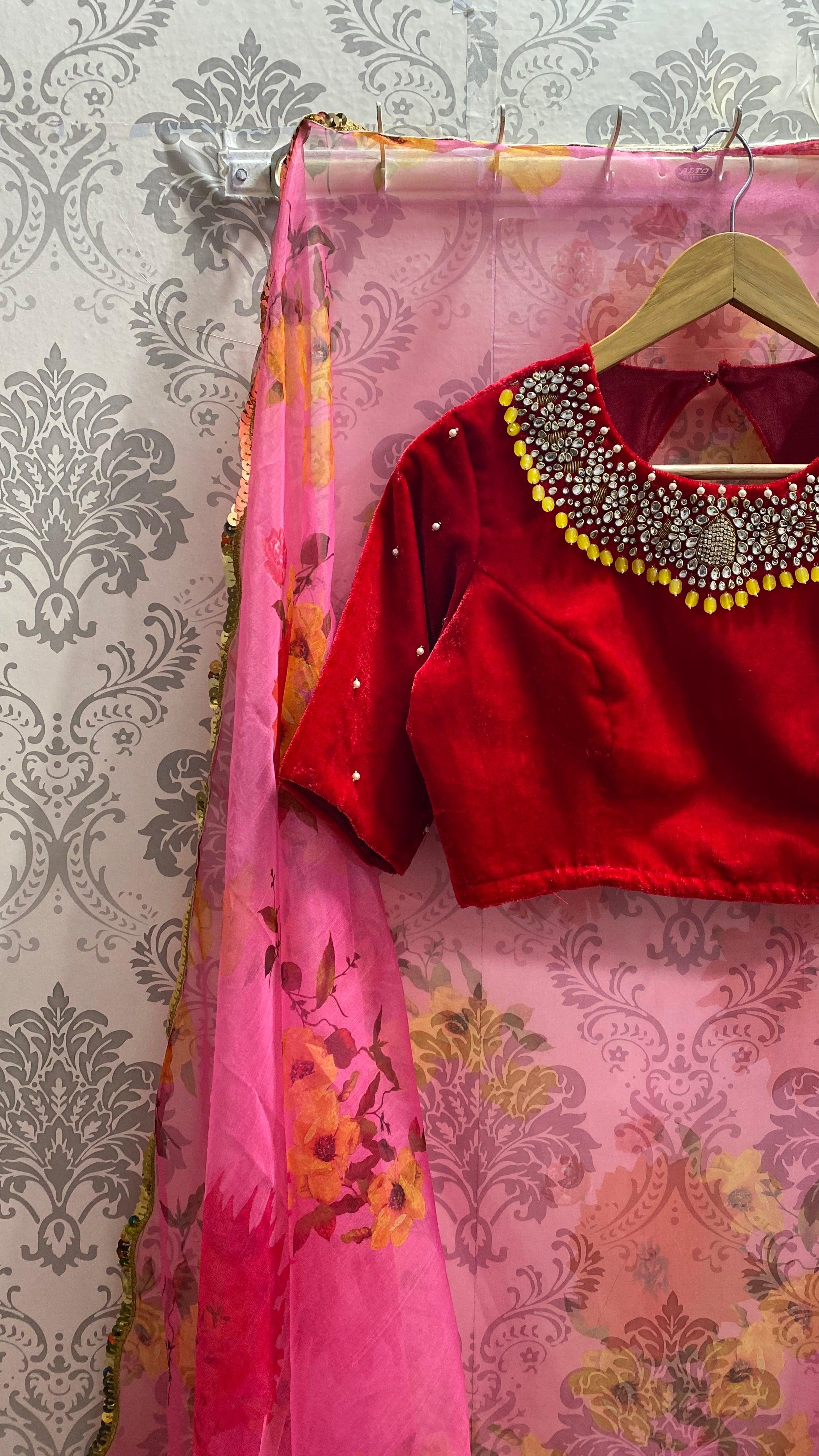 Red velvet blouse with heavy handmade jewel neck - Threads