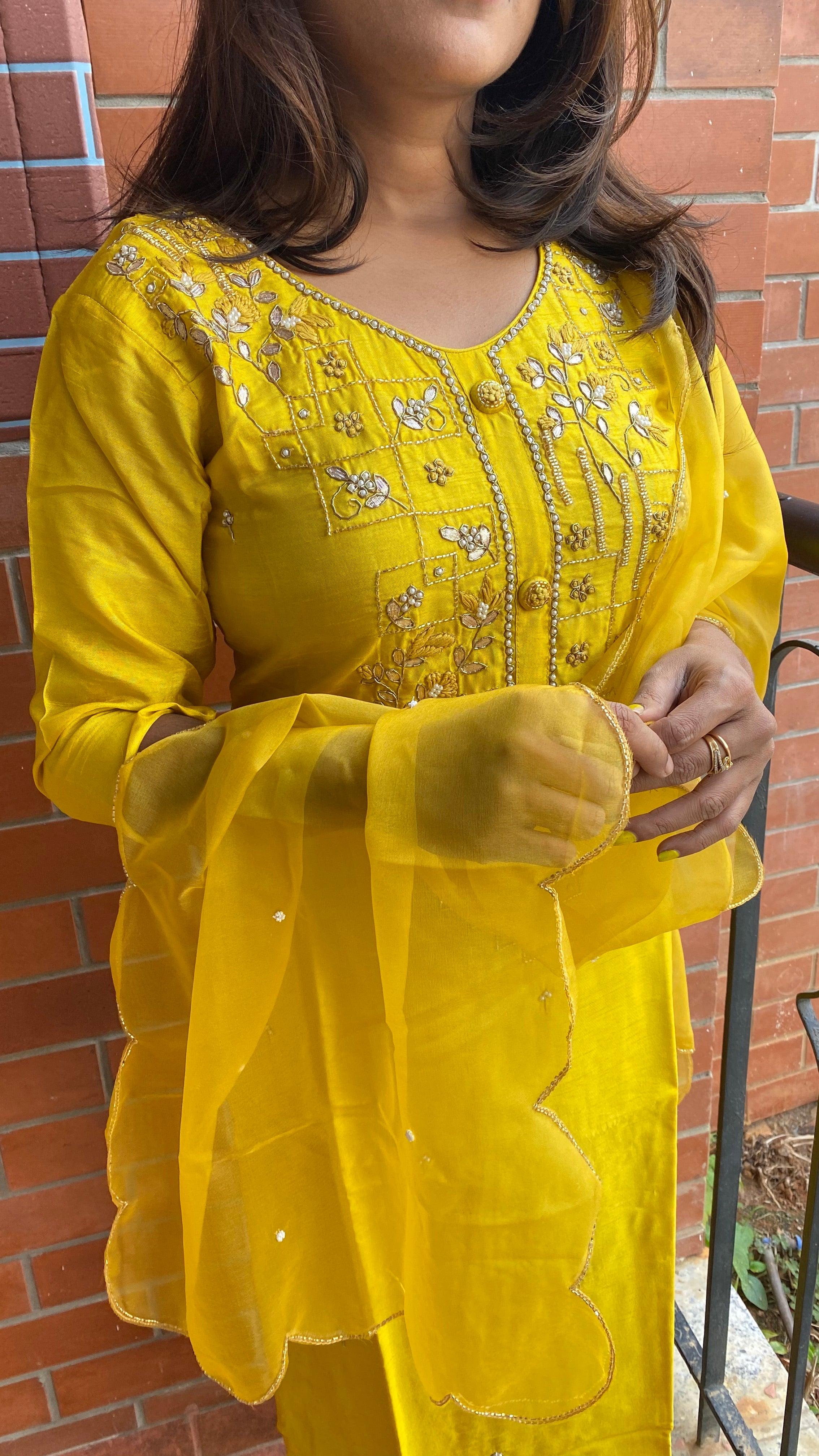 Yellow Heavy Zari and pearl handwork top and Duppata kurti set - Threads
