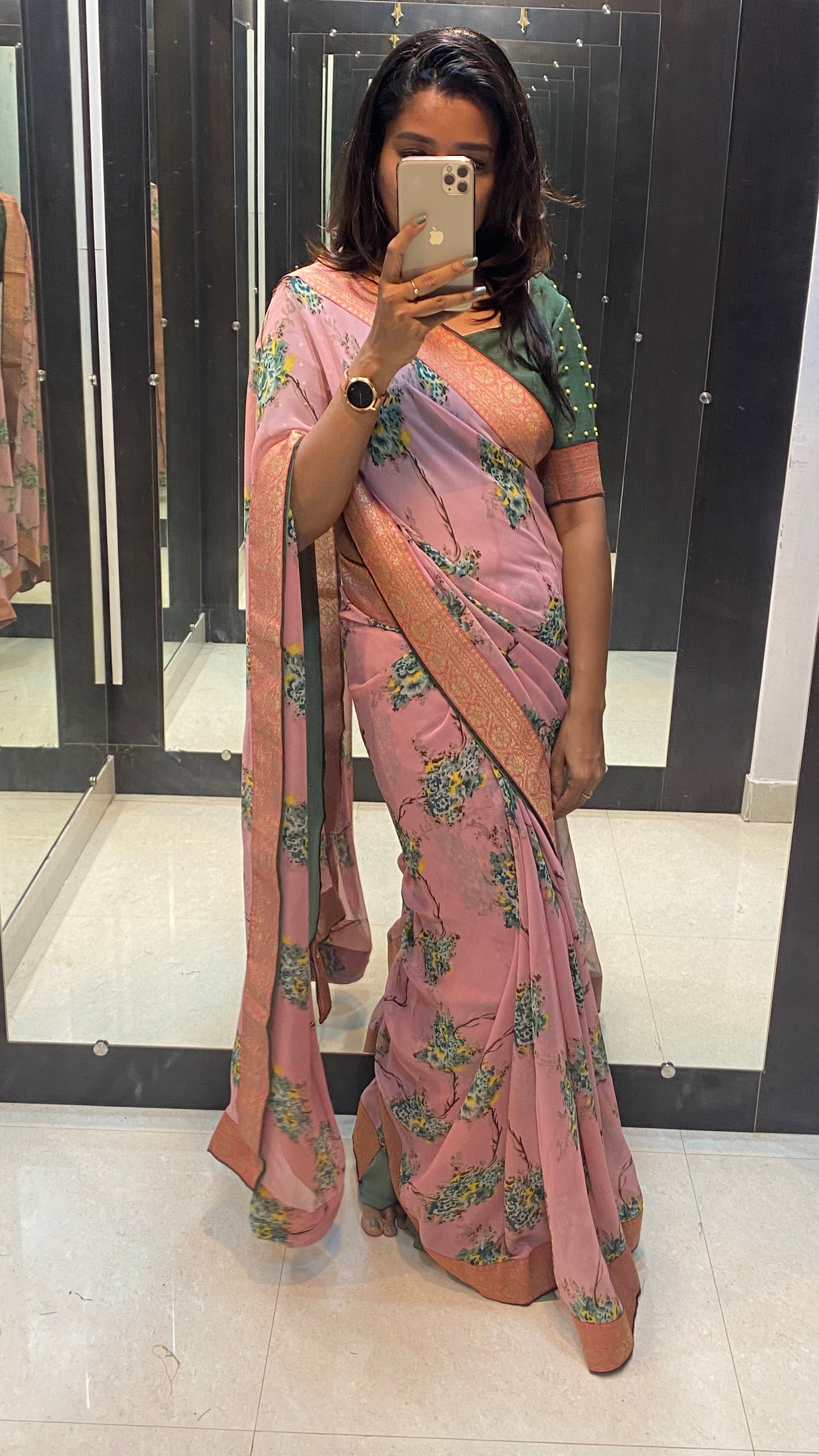 Onion pink floral saree with green blouse - Threads