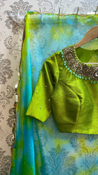 Parrot green silk blouse with Jewel Neck handworks - Threads