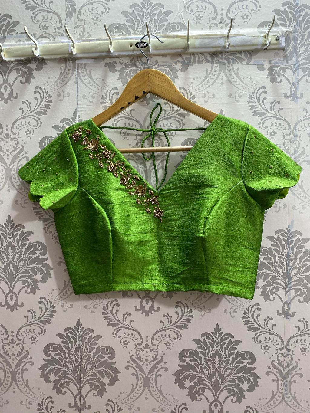 New Silk Handworked V neck  blouse and scalloped sleeves. - Threads