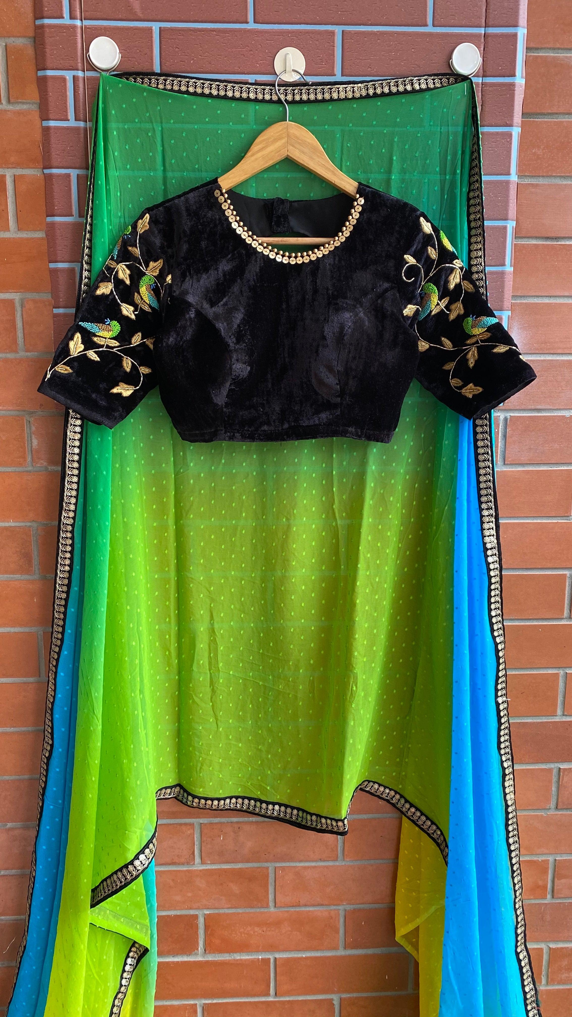Hand worked velvet ready to wear sleeved designer Blouse - Threads
