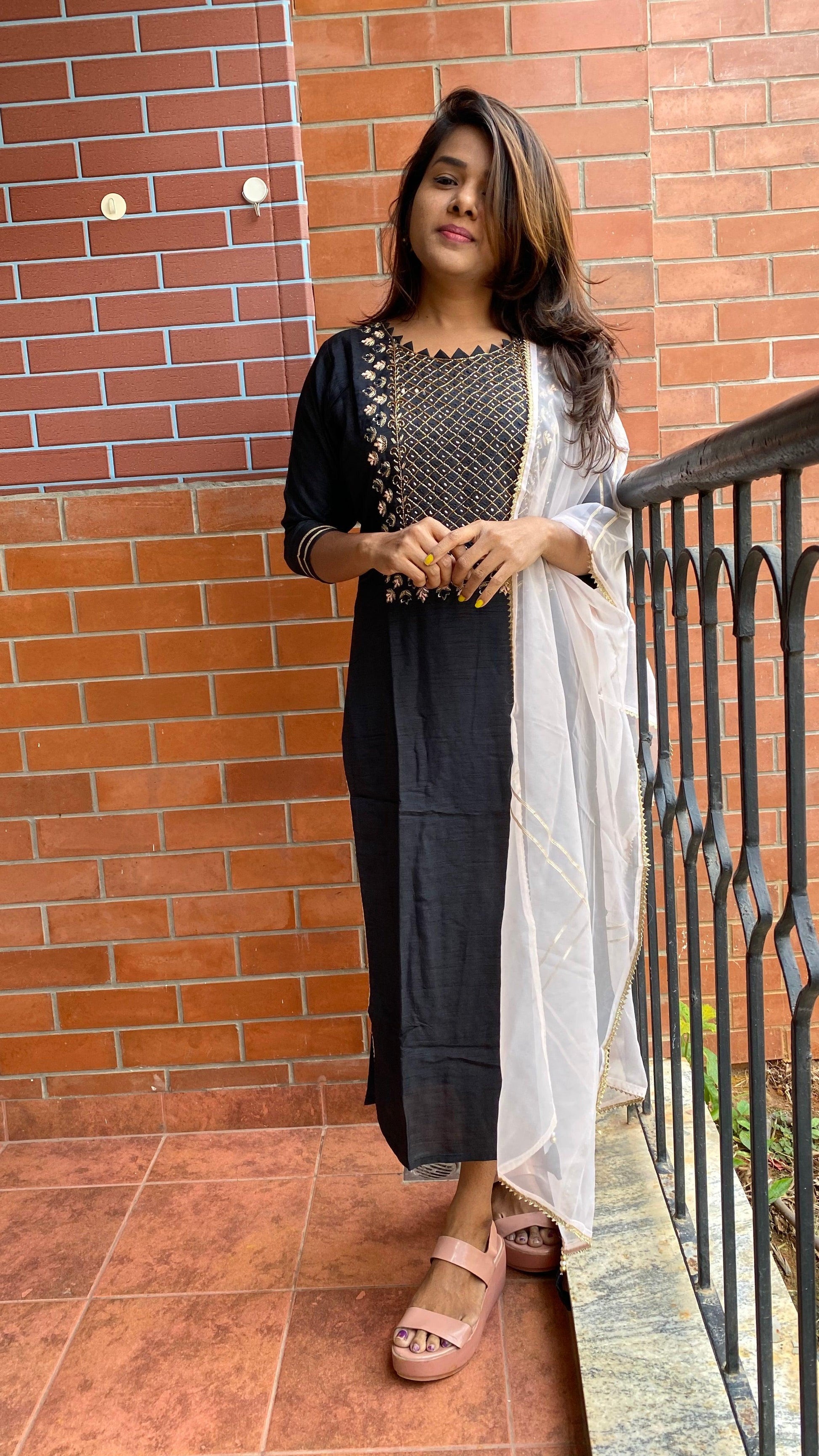 Black heavy embroidery handwork 2 piece kurti set - Threads
