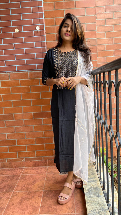 Black heavy embroidery handwork 2 piece kurti set - Threads