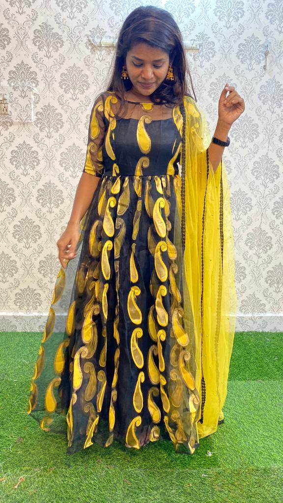 Golden yellow and black organza party wear salwar - Threads