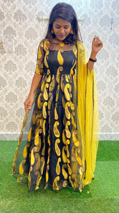 Golden yellow and black organza party wear salwar - Threads